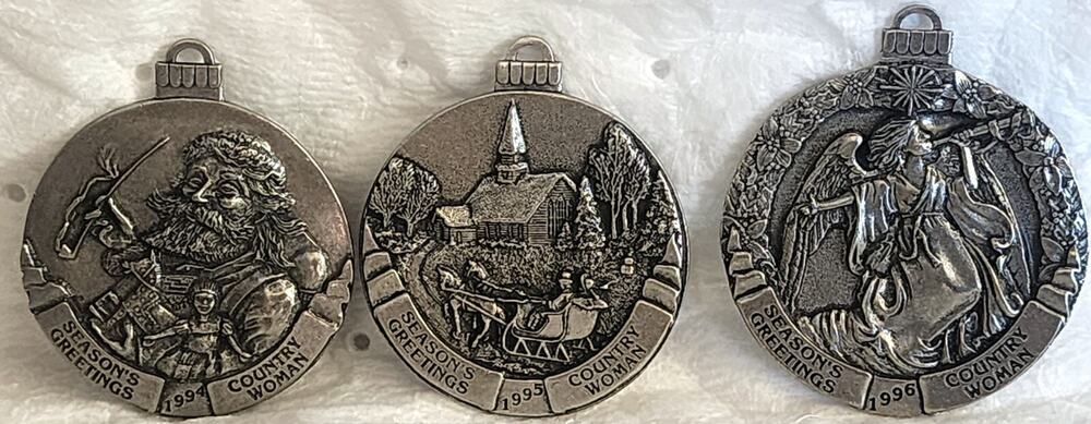 Vintage Country Woman Pewter Christmas Ornaments 1994 1995 1996 Lot Of 3